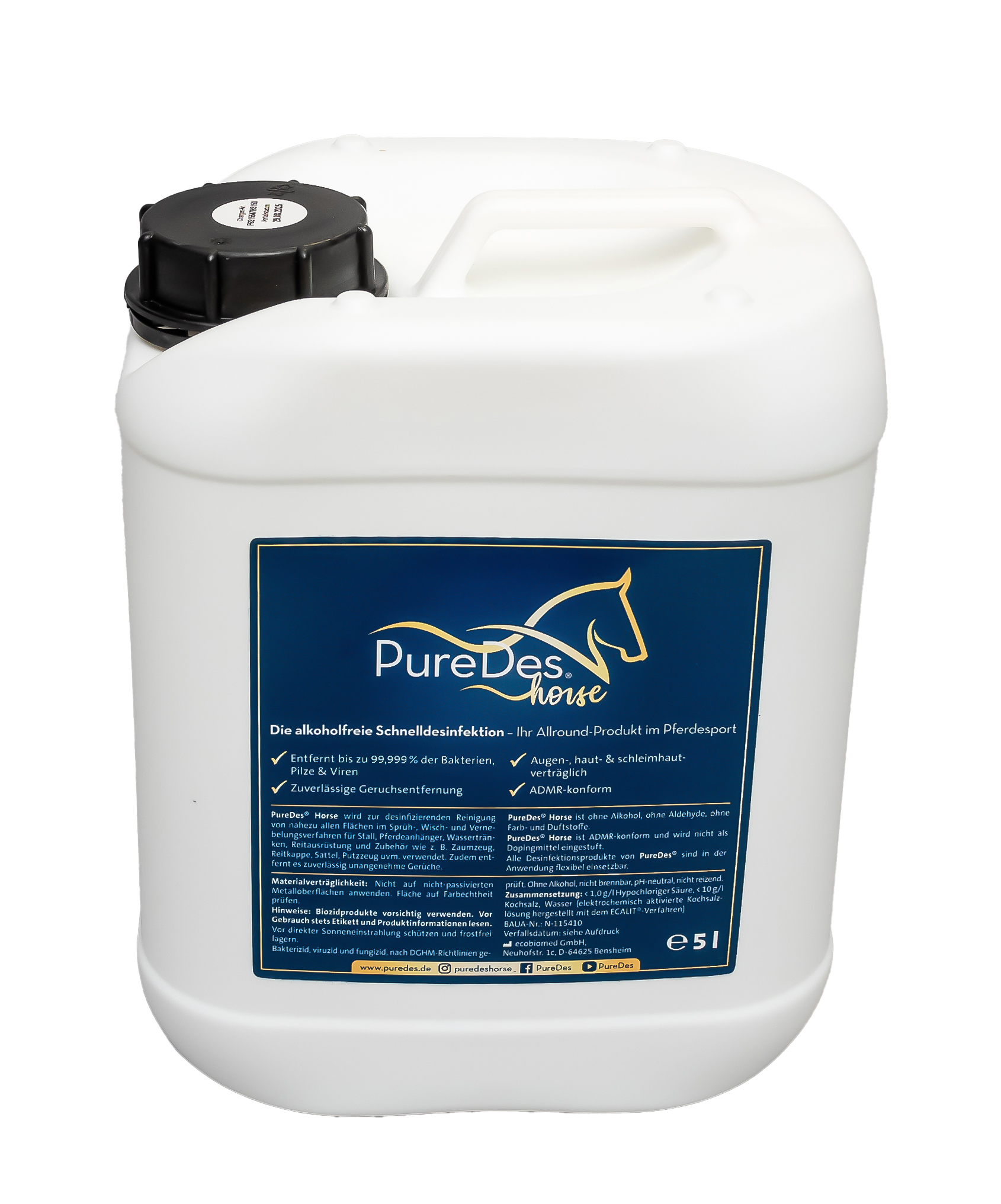 PureDes Horse Desinfektionsmittel 5L Kanister Alkoholfreie Schnelldesinfektion für Pferd, Futter & Zubehör