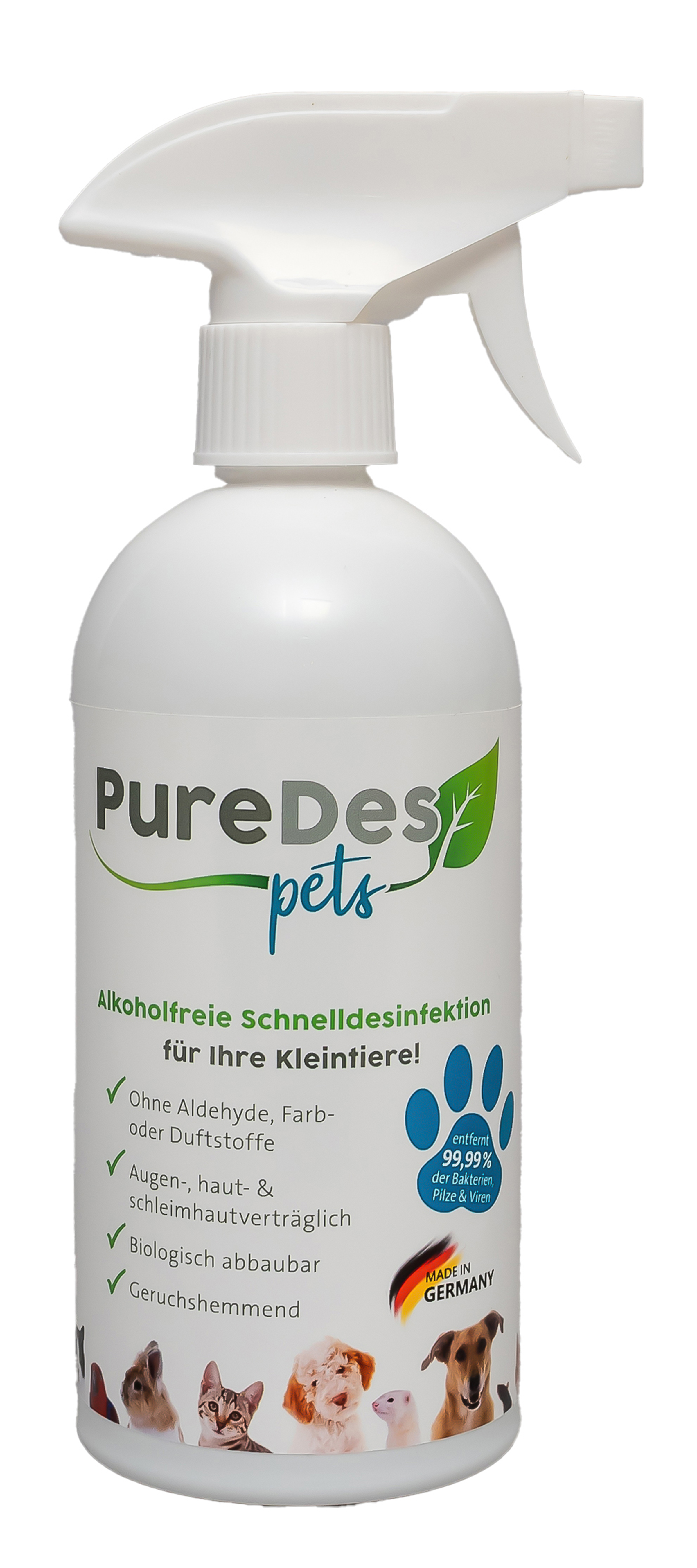 PureDes Pets Desinfektionsmittel 500ml Alkoholfreie Schnelldesinfektion für Haustiere, Futter & Zubehör