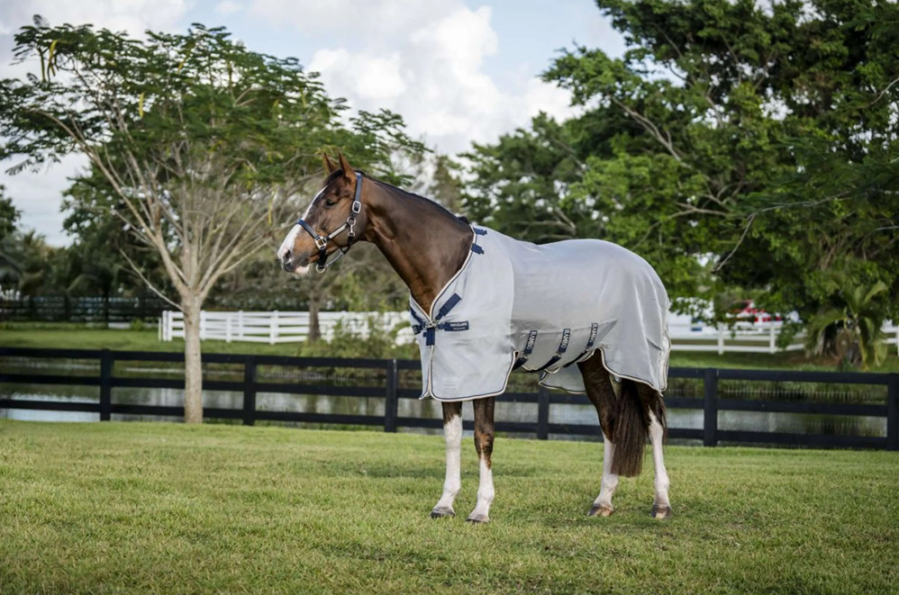 Horseware Fliegendecke Rambo Protector Fieldsafe Silver/Navy, White & Beige/ 155 cm (6'9")