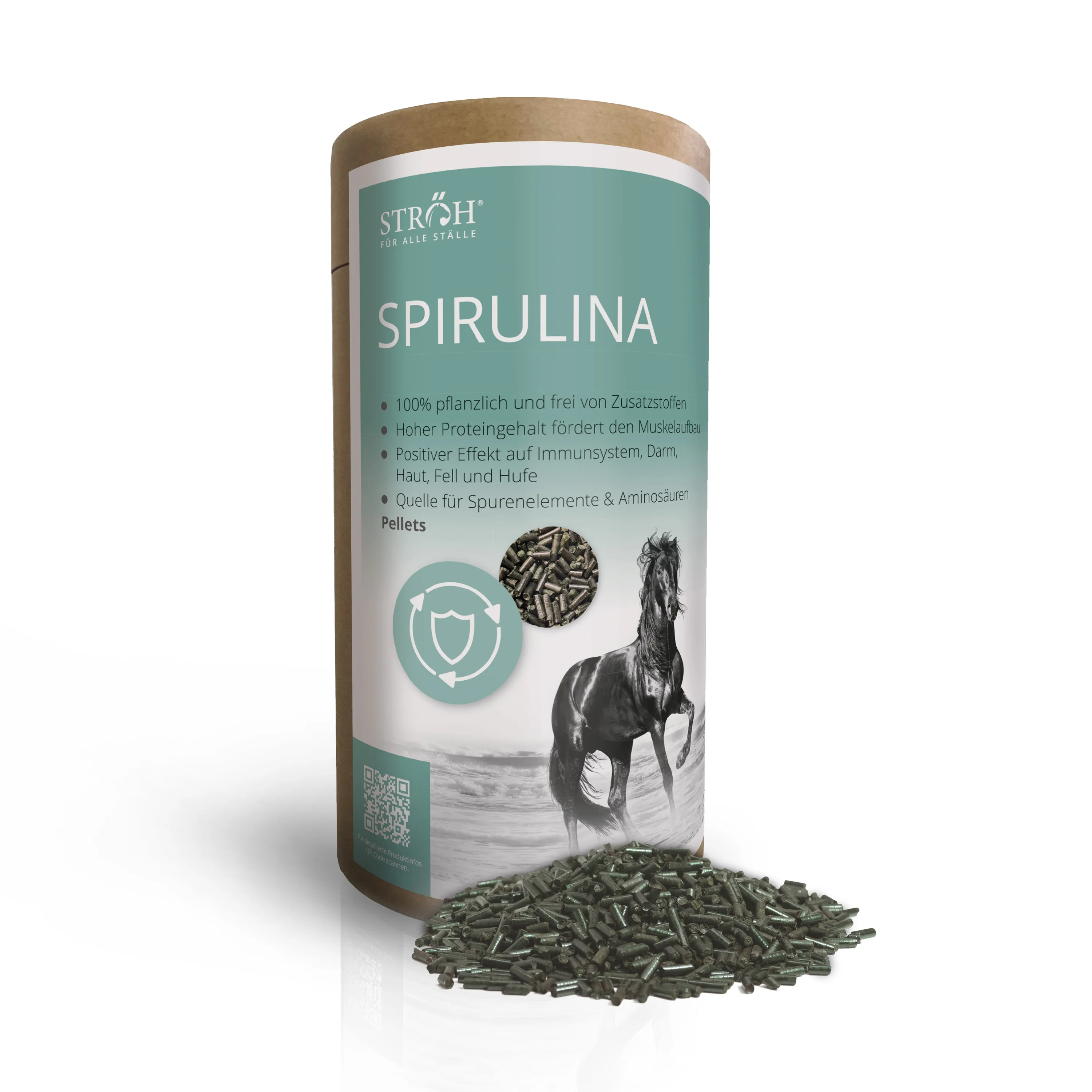 STRÖH Spirulina Pellets 1,3 kg Feedbox Dose Pure Muskelkraft für Dein Pferd