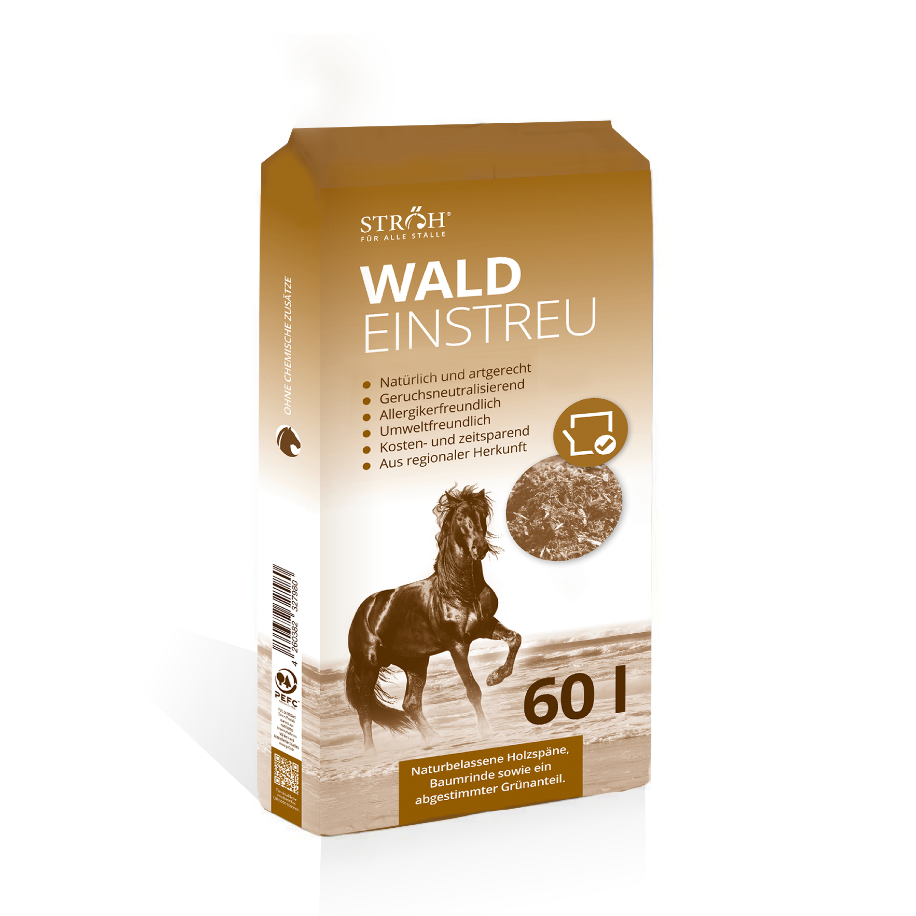 STRÖH Waldeinstreu 60L Staubarme Einstreu für Allergiker und Hufrehe-Pferde