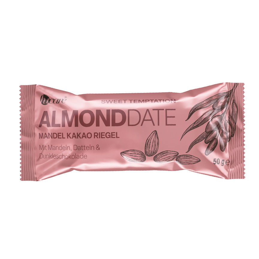 hucare AlmondDate Energierriegel 50g 10er Box Mit dunkler Schokolade
