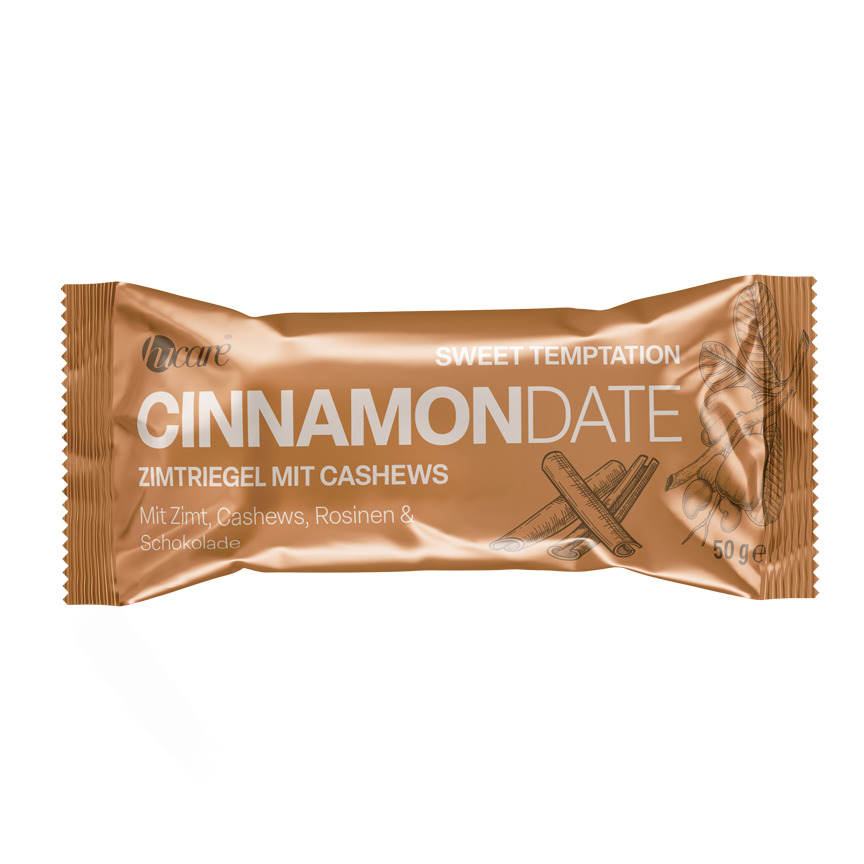 hucare CinnamonDate Energieriegel 50g Mit Cashew, Datteln & Weißer Schokolade