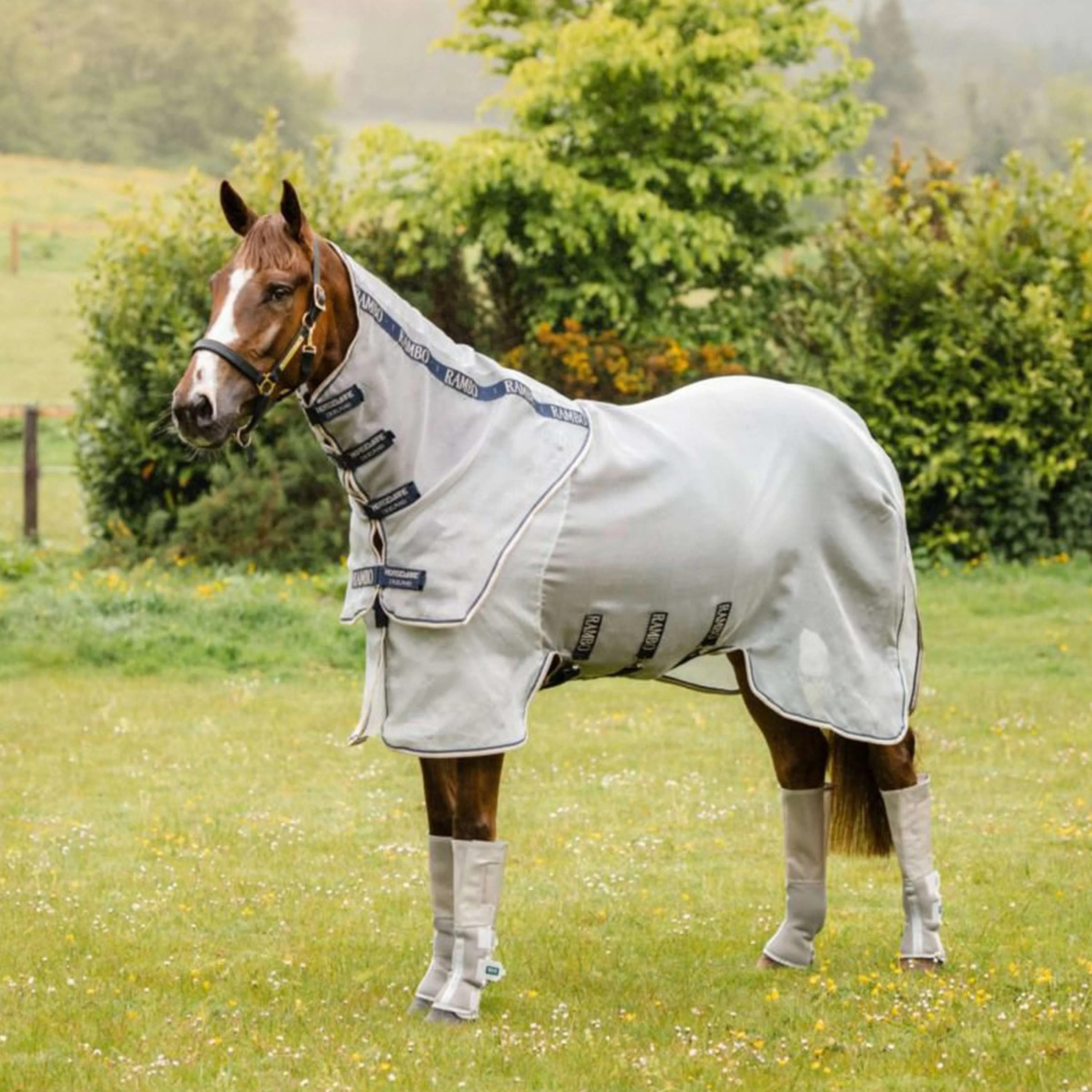 Horseware Fliegendecke Rambo Protector Integrated Silver/Navy, White & Beige/ 155 cm (6'9")