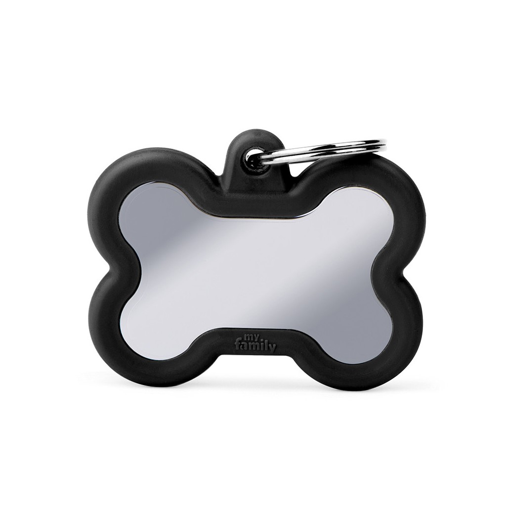 MyFamily Hundemarke Hushtag Großer Knochen Silber mit Schwarz 41 x 33 mm