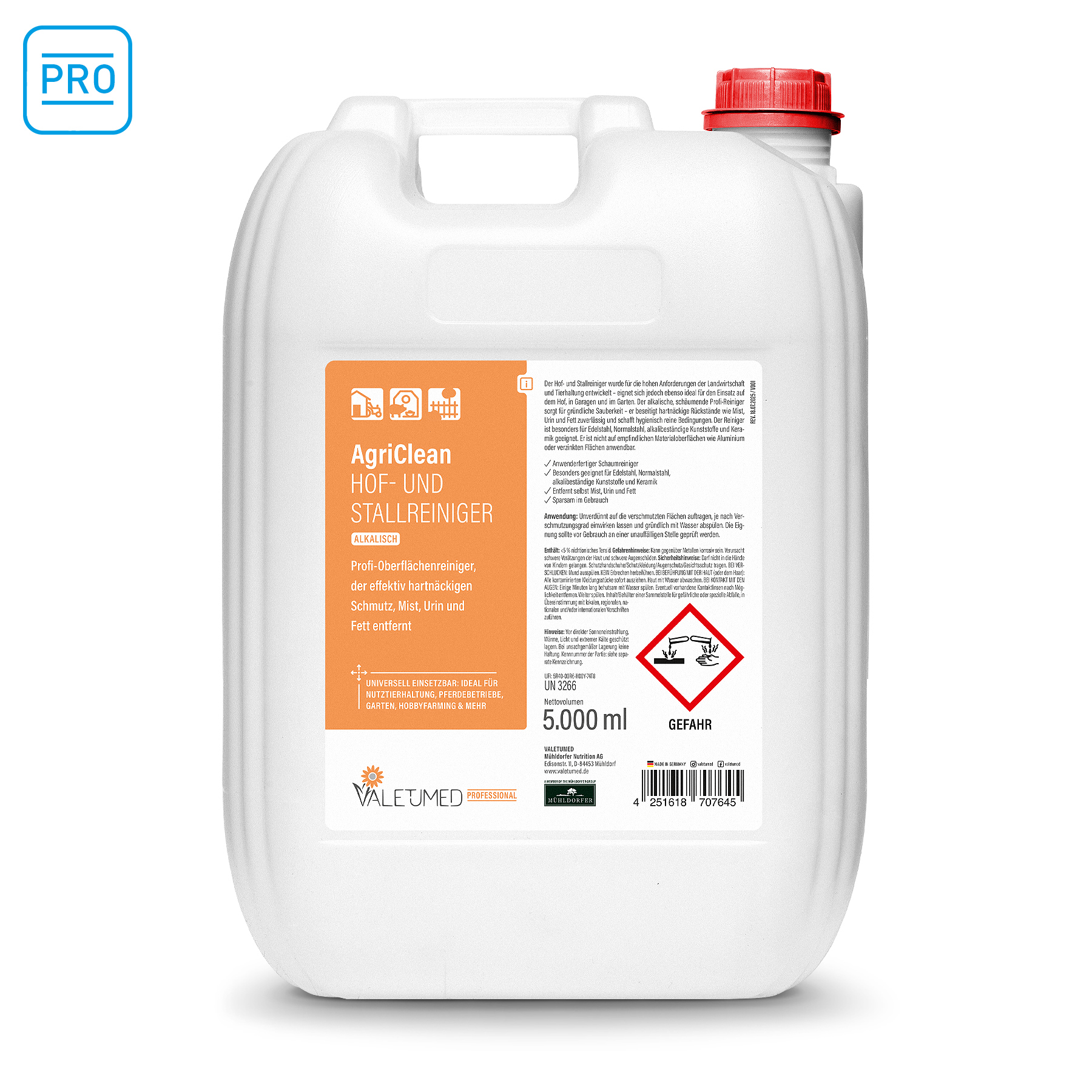 Valetumed Professional AgriClean Stallreiniger Konzentrat 5000 ml Entfernt hartnäckigen Schmutz, Mist, Urin, Fett-, Eiweiß-, Kalk- und Salpeterverschmutzungen